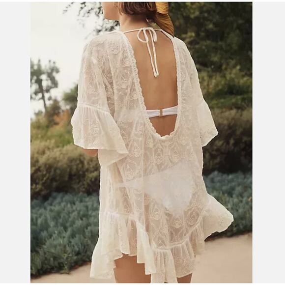 Anthropologie The Deco Tunic Sheer Lace Dress Cover-Up Tie Back Ivory Womens S - Picture 2 of 10